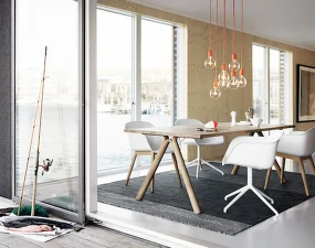 Fiber Armchair Wood Base, black leather